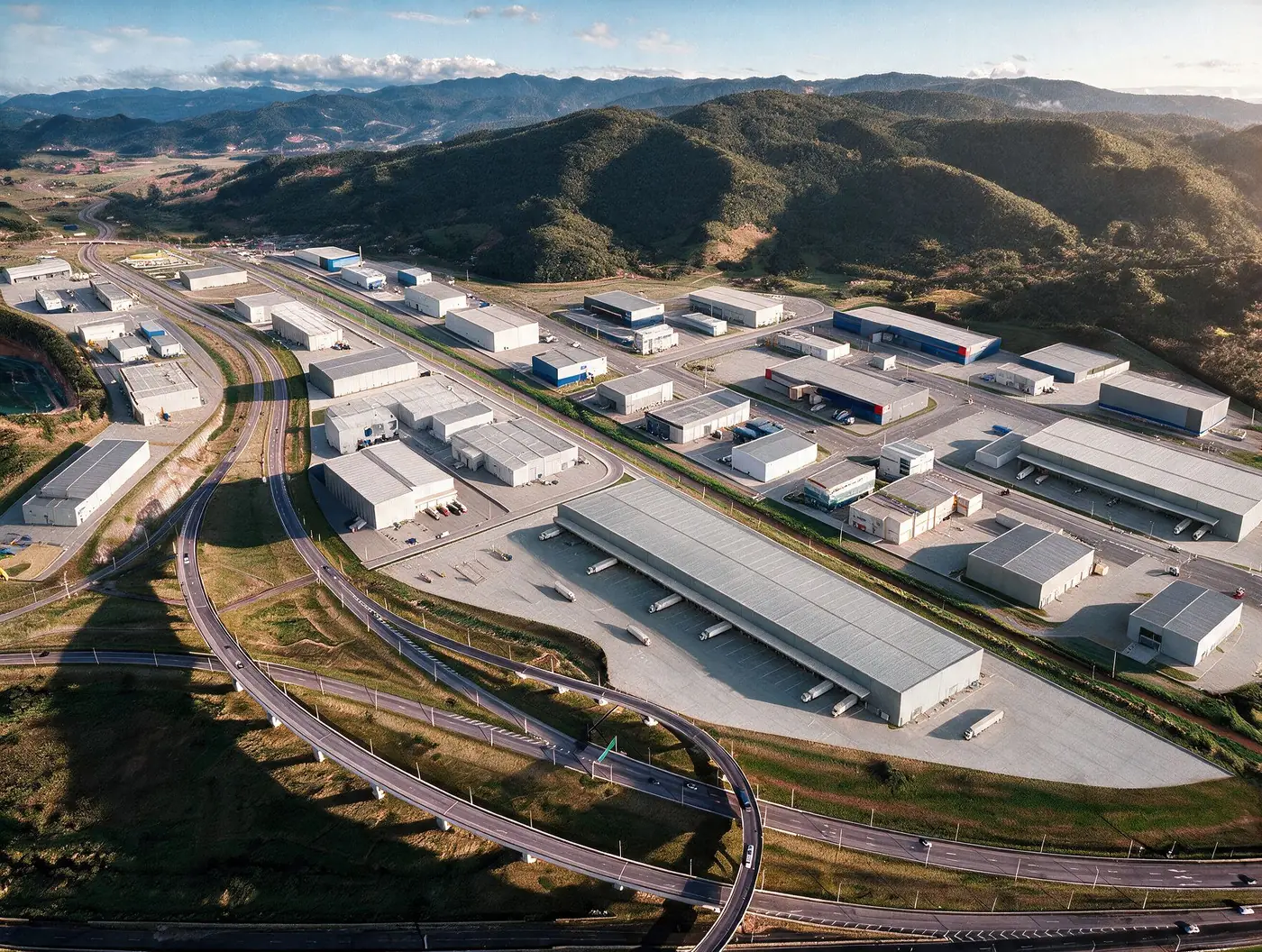 Projeção do parque com os galpões implantados ao longo da BR-101 e do Contorno Viário